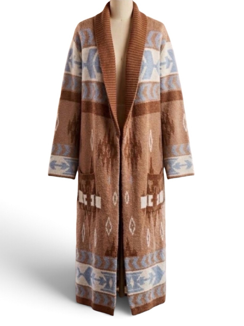 Idyllwind Long Cozy Aztec Southwestern Pattern Knit Cardigan Brown Light Blue S